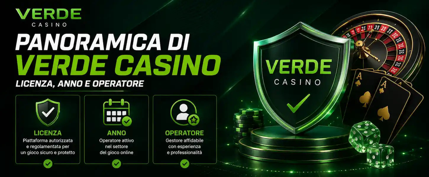 Panoramica di Verde Casino con informazioni su licenza, anno e operatore della piattaforma di gioco.